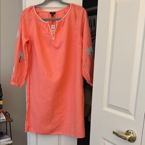 Coral Tunic Dress with Palm Tree Embroidery